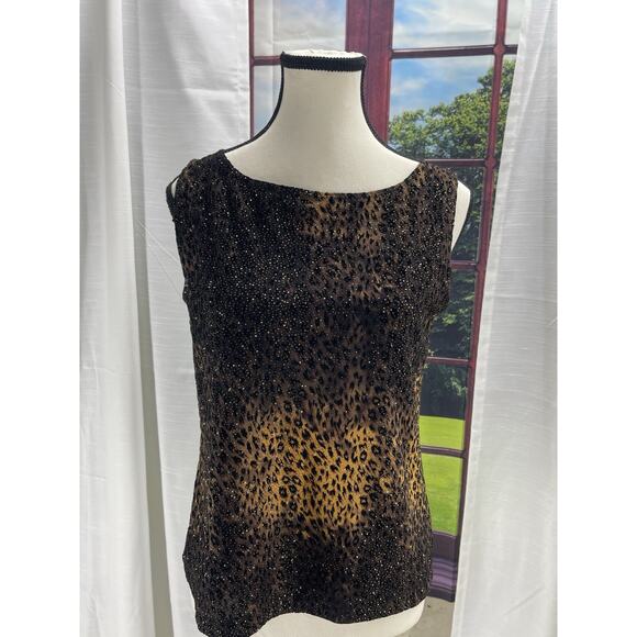 McBling Mob Wife 00s Y2K Leopard Glitter Tank Top Sz 1 Brown Gold Sparkle Glam - Picture 6 of 12